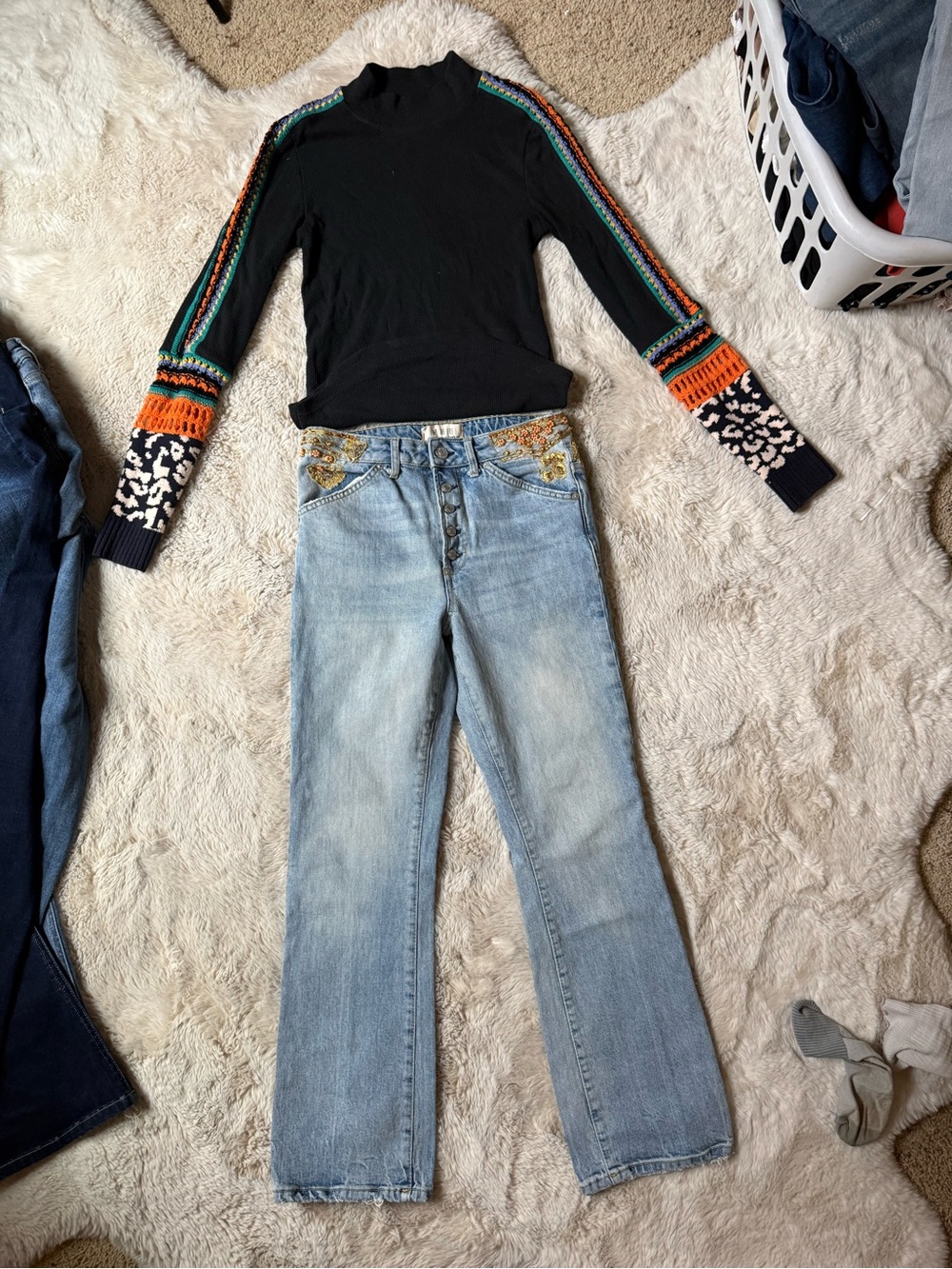 Free People Light Blue Embroidered Straight-Leg Jeans